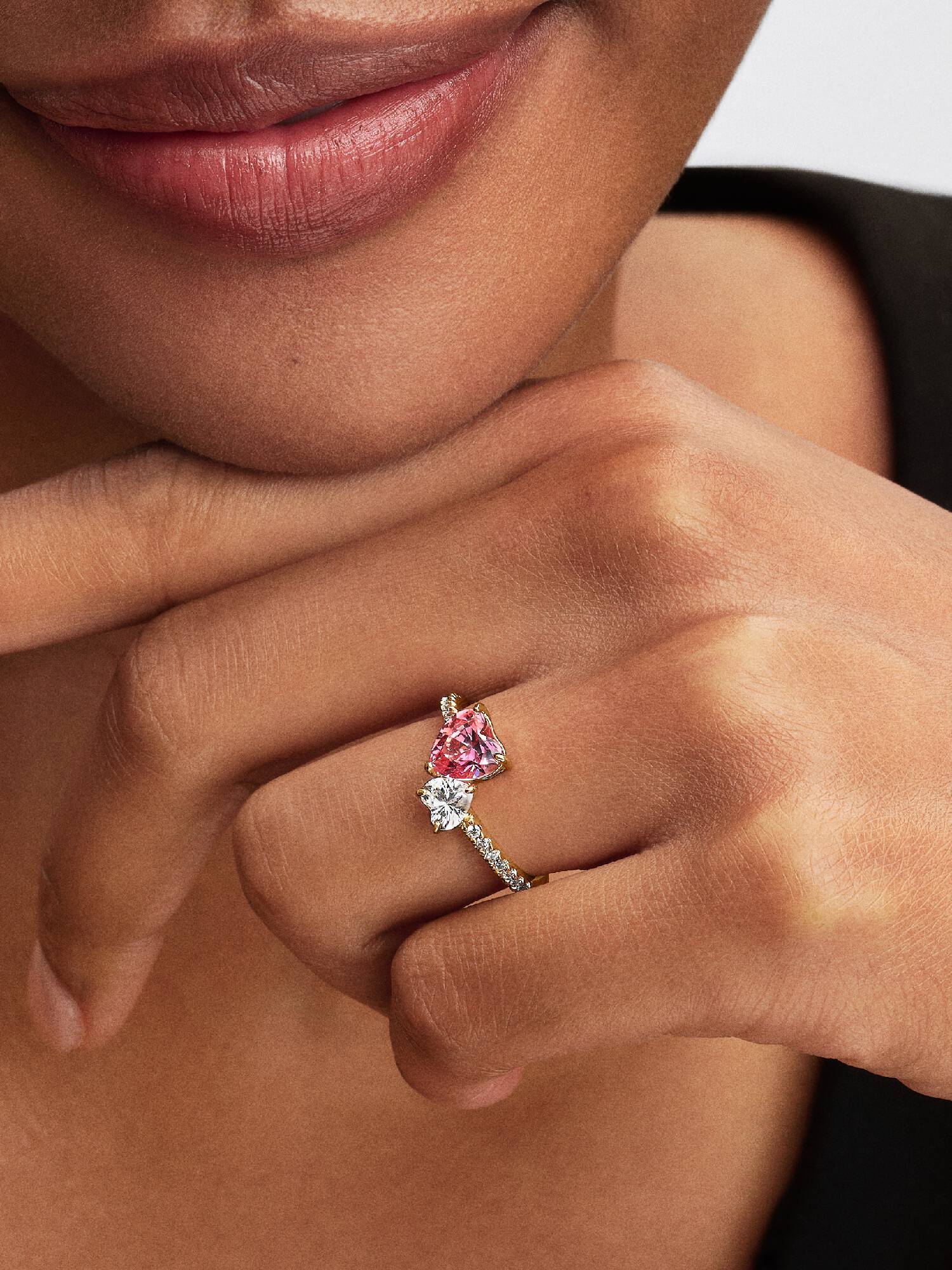 Double Heart Pink & Clear Sparkling Ring