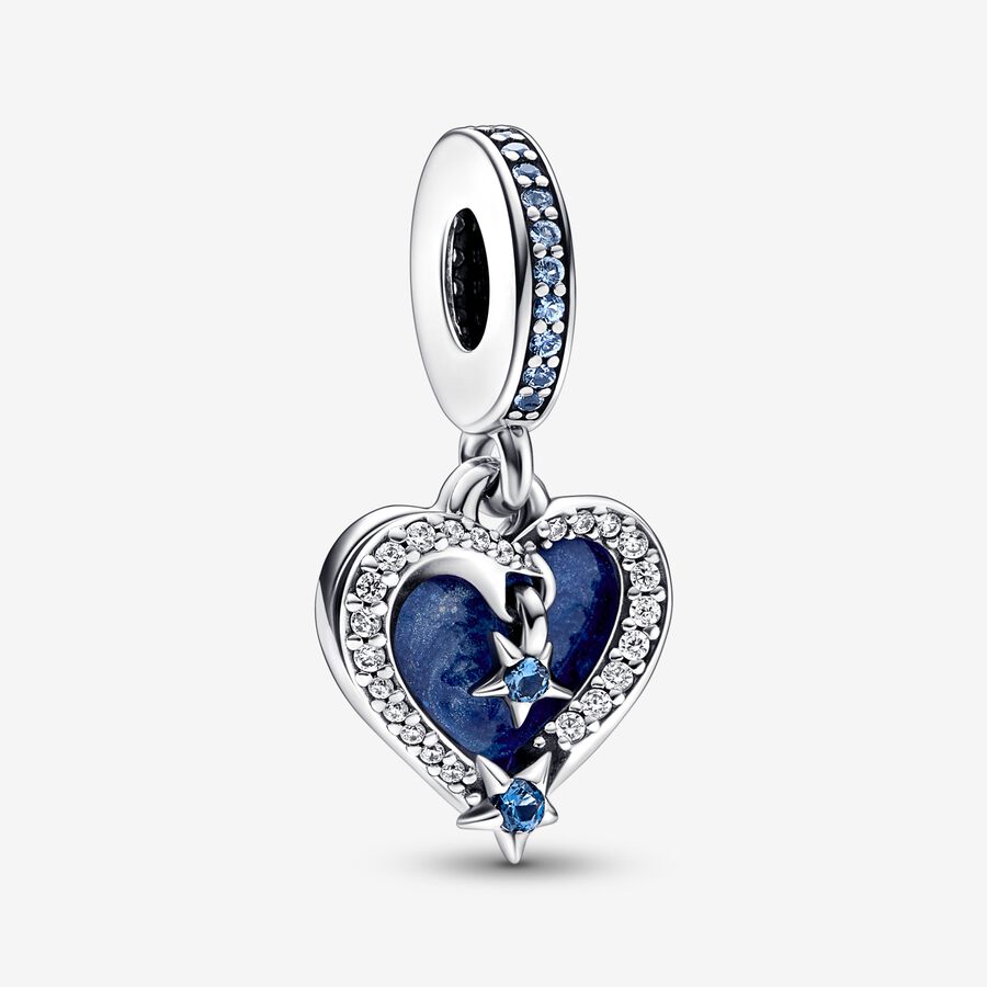 Celestial Shooting Star Heart Double Dangle Charm, Sterling silver