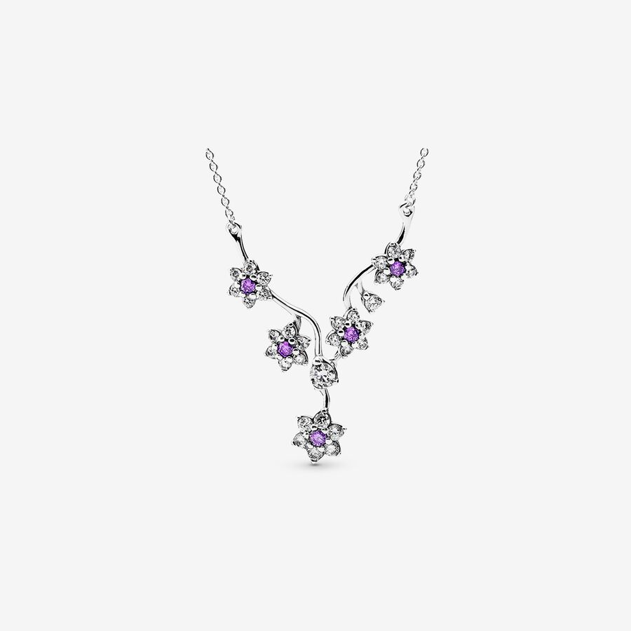 Forget me not silver necklace with purple and clear cubic zirconia image number 0