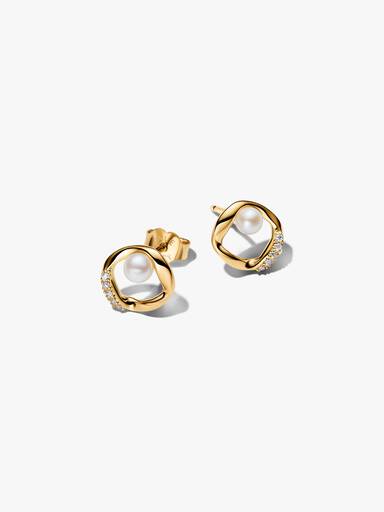 Organically Shaped Pavé Circle & Treated Freshwater Cultured Pearl Stud Earrings