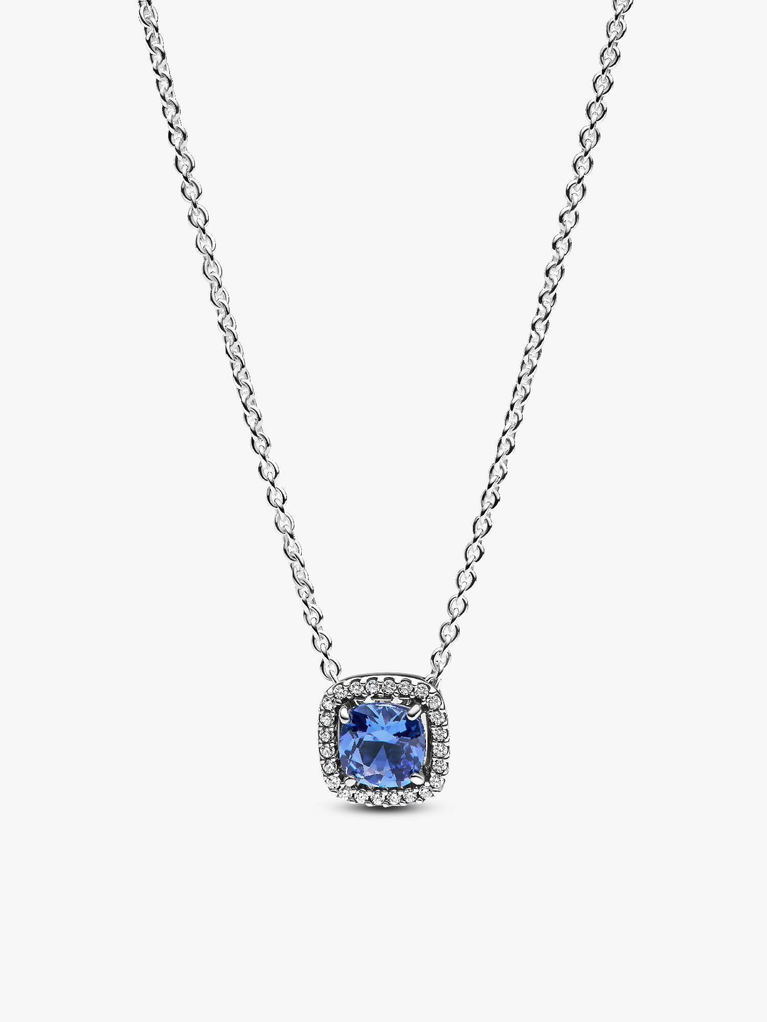 Sparkling Square Blue Halo Pendant Necklace