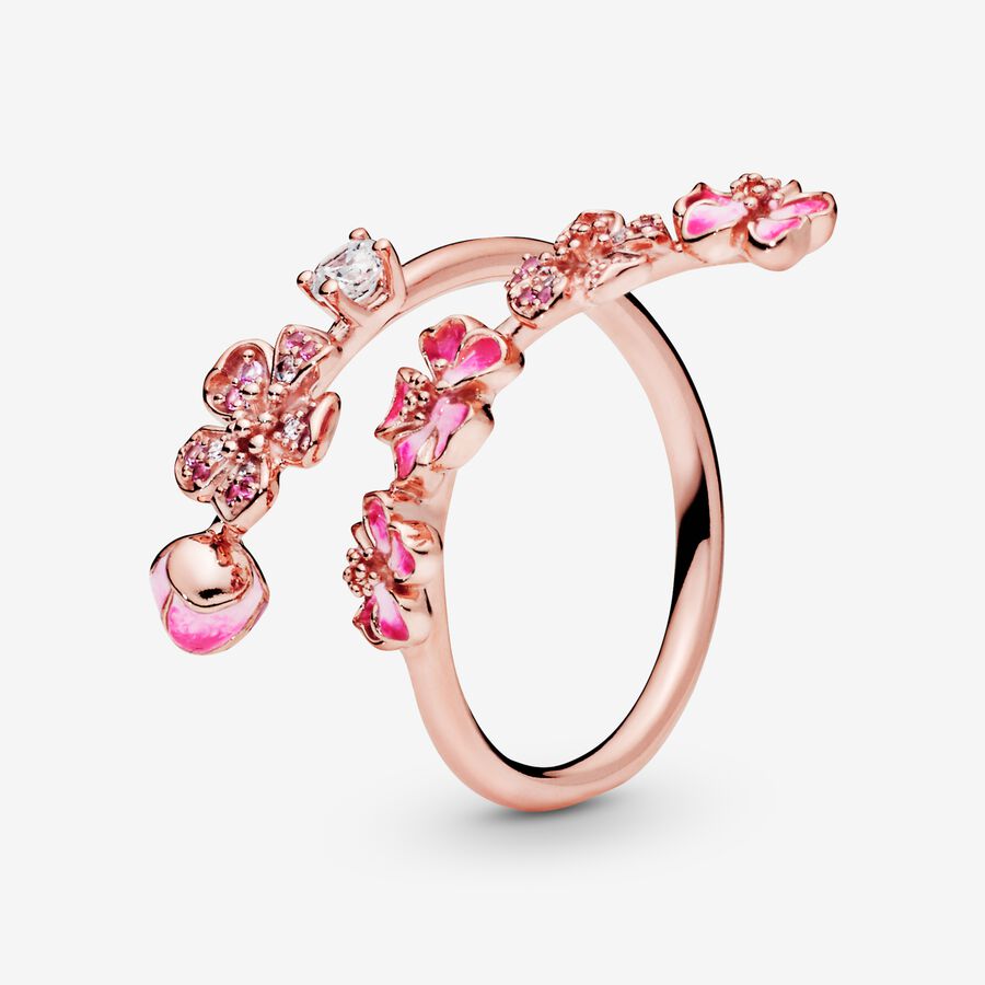 Pink Peach Blossom Flower Branch Open Ring