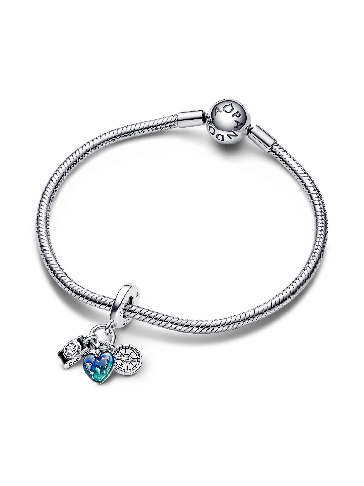 Camera, Heart & Compass Triple Dangle Charm | Sterling silver