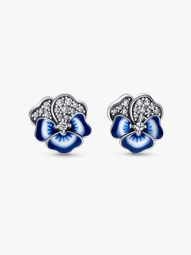 Blue Pansy Flower Stud Earrings